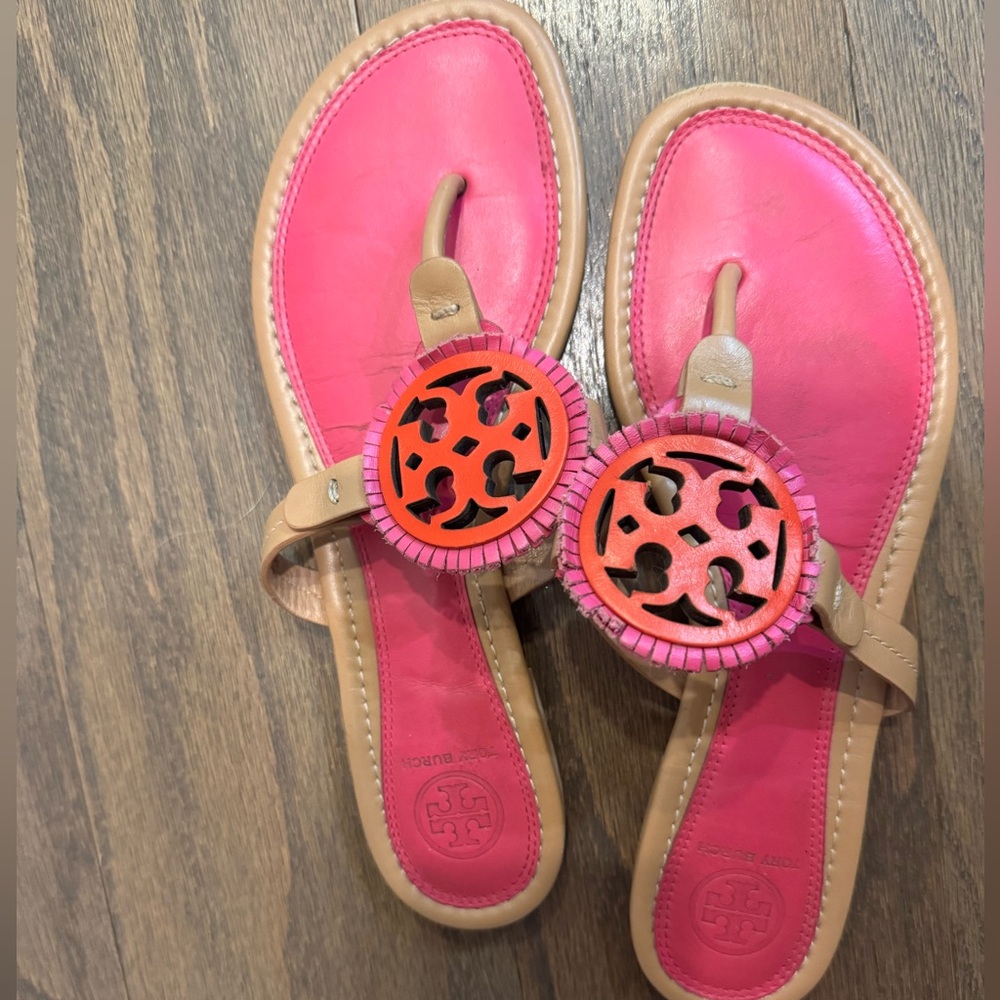 Tory Burch Vibrant Pink and Tan Sandals